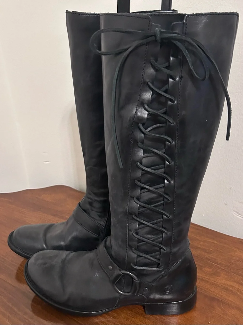 Born Black Leather Tall Buckle Harness Lace Up Riding Womens Boots Size 7.5